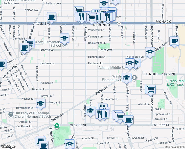 map of restaurants, bars, coffee shops, grocery stores, and more near 2219 Marshallfield Lane in Redondo Beach