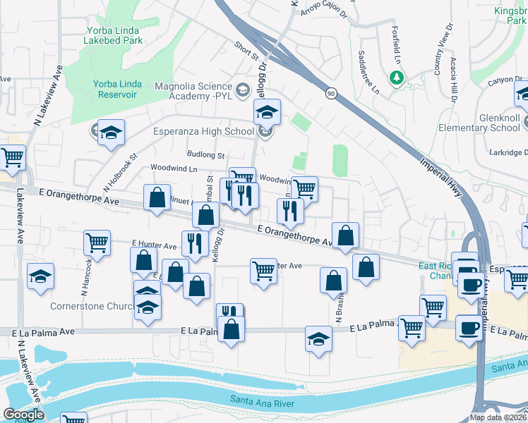 map of restaurants, bars, coffee shops, grocery stores, and more near 5101 East Marita Lane in Anaheim