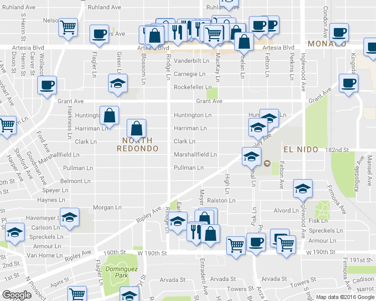 map of restaurants, bars, coffee shops, grocery stores, and more near 2219 Marshallfield Lane in Redondo Beach