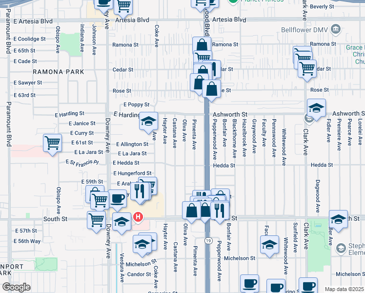 map of restaurants, bars, coffee shops, grocery stores, and more near 6047 Oliva Avenue in Lakewood