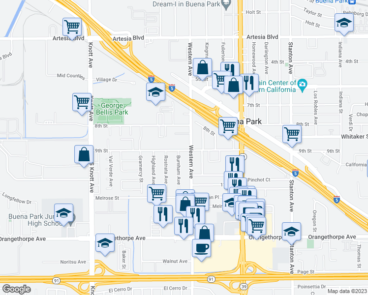 map of restaurants, bars, coffee shops, grocery stores, and more near 7451 9th Street in Buena Park