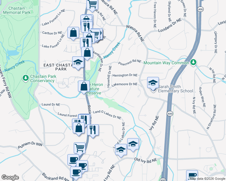 map of restaurants, bars, coffee shops, grocery stores, and more near 327 Lakemoore Drive Northeast in Atlanta