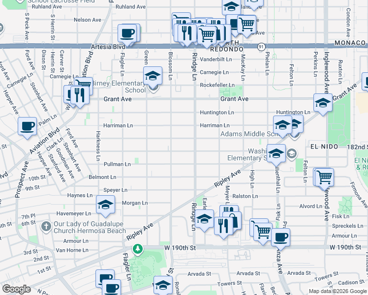 map of restaurants, bars, coffee shops, grocery stores, and more near 2113 Marshallfield Lane in Redondo Beach