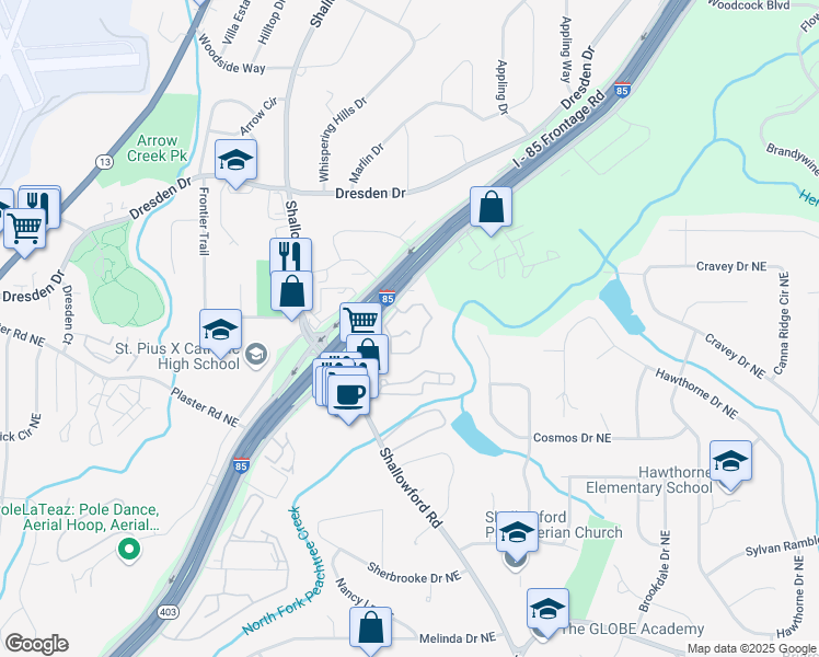 map of restaurants, bars, coffee shops, grocery stores, and more near 3001 Northeast Expressway in Atlanta