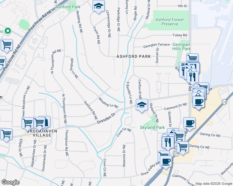 map of restaurants, bars, coffee shops, grocery stores, and more near 2654 Redding Road Northeast in Atlanta