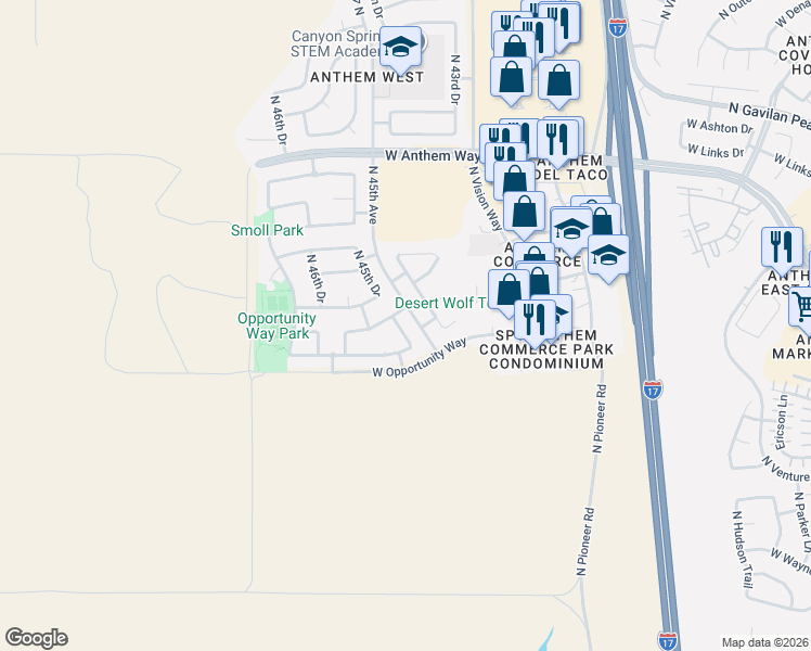 map of restaurants, bars, coffee shops, grocery stores, and more near 42031 North 45th Drive in Phoenix