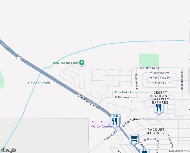 map of restaurants, bars, coffee shops, grocery stores, and more near 993 Alta Ridge in Palm Springs