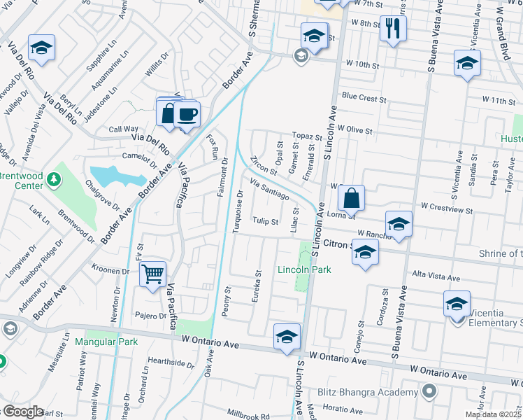 map of restaurants, bars, coffee shops, grocery stores, and more near 1577 Dahlia Circle in Corona