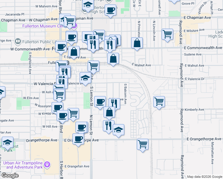 map of restaurants, bars, coffee shops, grocery stores, and more near 516 South Newell Avenue in Fullerton