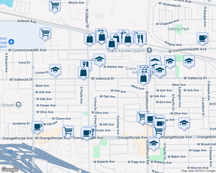 map of restaurants, bars, coffee shops, grocery stores, and more near in Fullerton