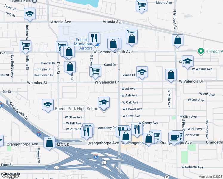 map of restaurants, bars, coffee shops, grocery stores, and more near 3841 Franklin Avenue in Fullerton