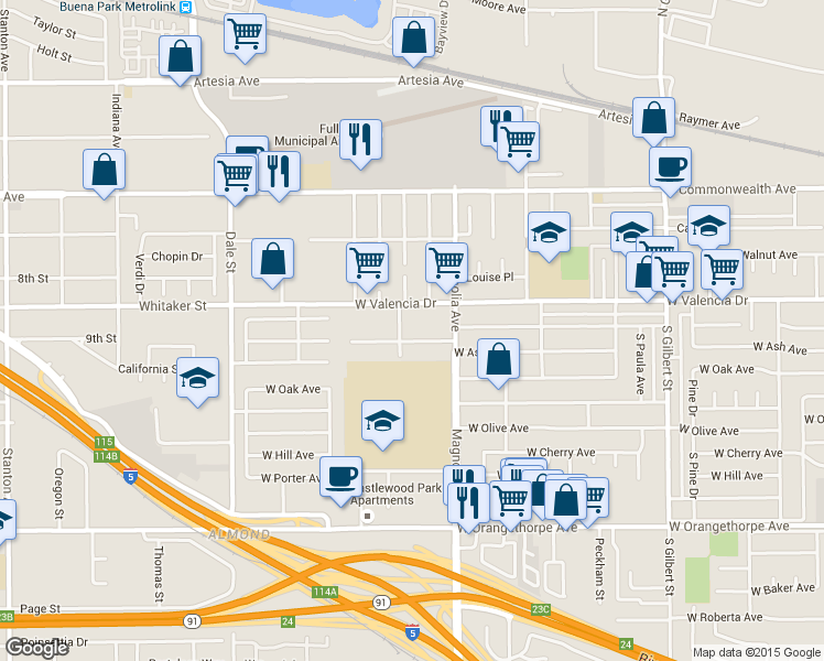 map of restaurants, bars, coffee shops, grocery stores, and more near 3841 Franklin Avenue in Fullerton