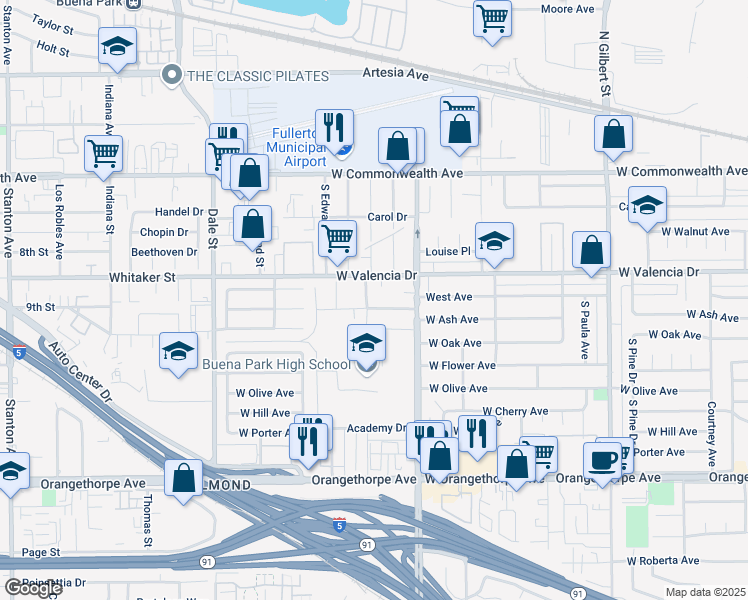 map of restaurants, bars, coffee shops, grocery stores, and more near 3841 Franklin Avenue in Fullerton