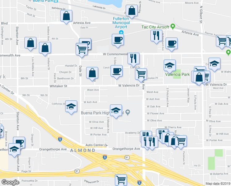 map of restaurants, bars, coffee shops, grocery stores, and more near 3951 Franklin Avenue in Fullerton