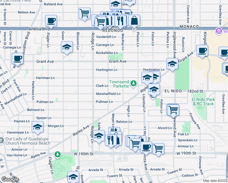 map of restaurants, bars, coffee shops, grocery stores, and more near 2313 Marshallfield Lane in Redondo Beach