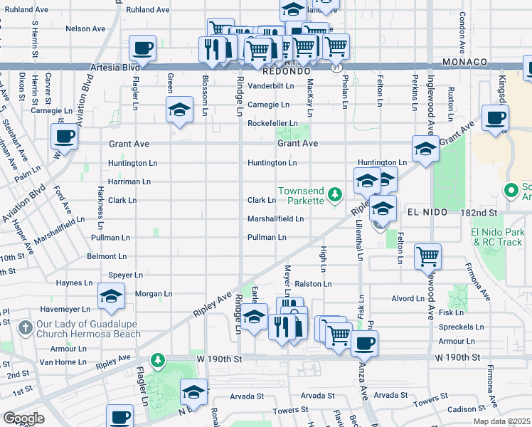 map of restaurants, bars, coffee shops, grocery stores, and more near 2219 Marshallfield Lane in Redondo Beach