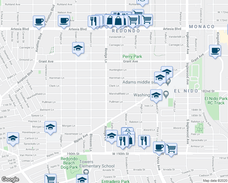 map of restaurants, bars, coffee shops, grocery stores, and more near 2219 Marshallfield Lane in Redondo Beach