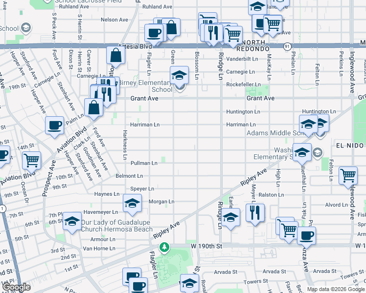 map of restaurants, bars, coffee shops, grocery stores, and more near in Redondo Beach
