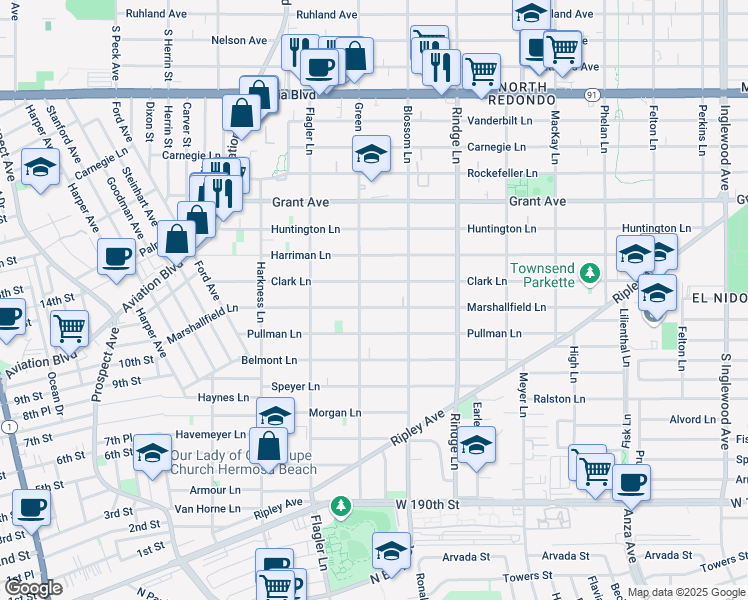 map of restaurants, bars, coffee shops, grocery stores, and more near 1207 Green Lane in Redondo Beach