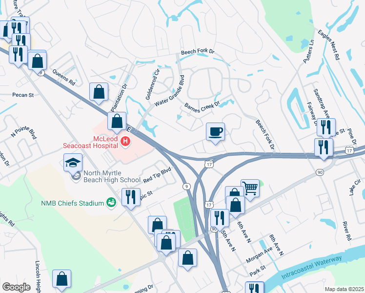 map of restaurants, bars, coffee shops, grocery stores, and more near 4251 Villas Drive in Little River
