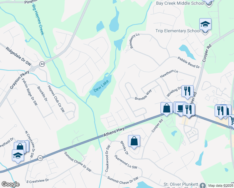map of restaurants, bars, coffee shops, grocery stores, and more near 150 Camry Lane Southwest in Grayson