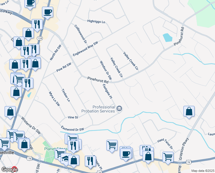 map of restaurants, bars, coffee shops, grocery stores, and more near 2266 Eastgate Drive in Snellville
