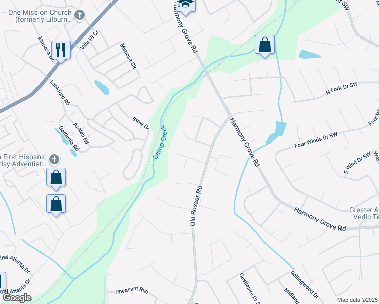 map of restaurants, bars, coffee shops, grocery stores, and more near 5841 Covered Wagon Trail Southwest in Lilburn
