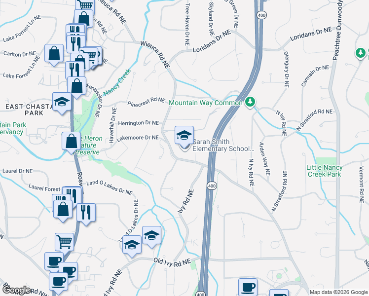 map of restaurants, bars, coffee shops, grocery stores, and more near 4165 Wieuca Road Northeast in Atlanta