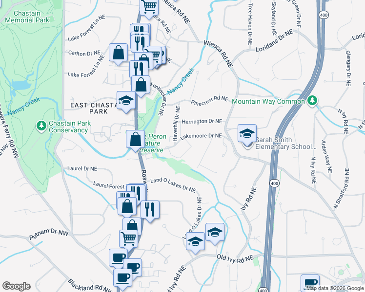 map of restaurants, bars, coffee shops, grocery stores, and more near 327 Lakemoore Drive Northeast in Atlanta