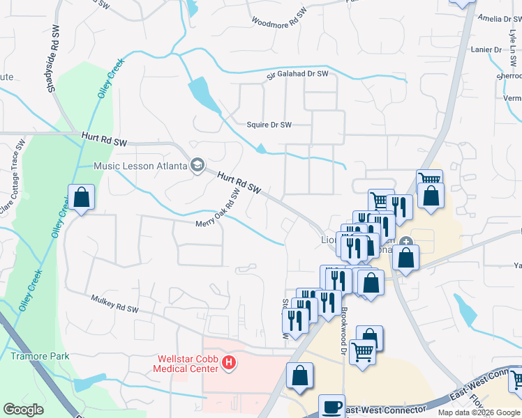 map of restaurants, bars, coffee shops, grocery stores, and more near 3604 Janna Lane Southwest in Marietta