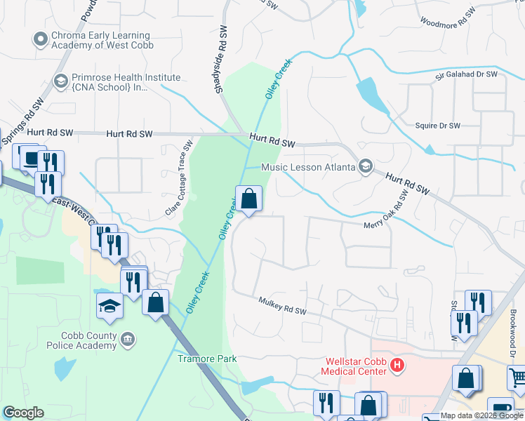 map of restaurants, bars, coffee shops, grocery stores, and more near 2081 Mulkey Road Southwest in Marietta
