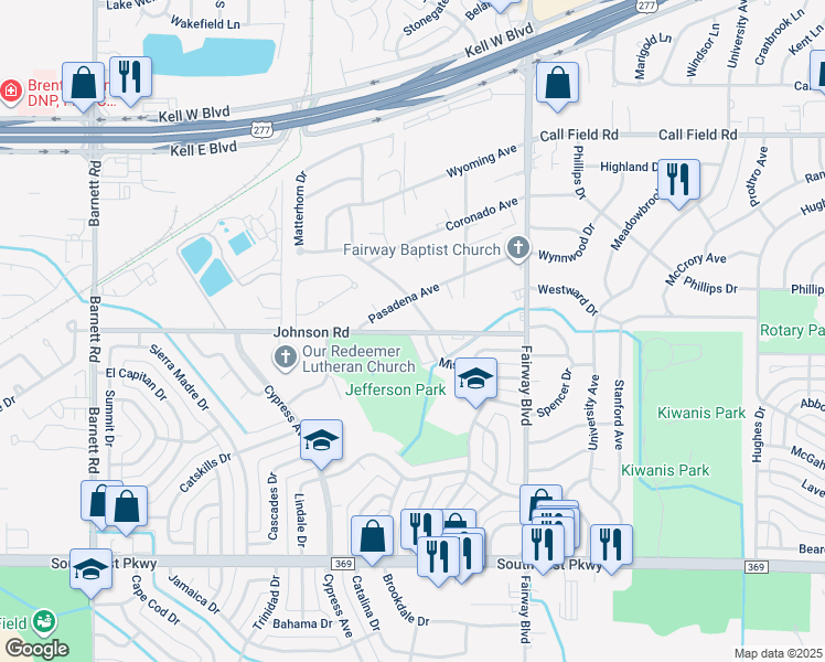 map of restaurants, bars, coffee shops, grocery stores, and more near 4582 Mistletoe Drive in Wichita Falls