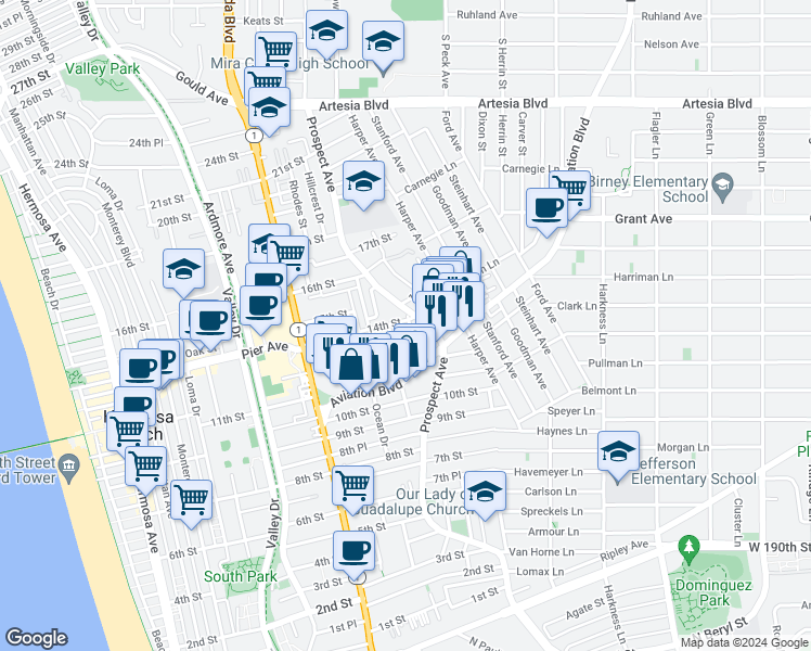 map of restaurants, bars, coffee shops, grocery stores, and more near 1325 Corona Street in Hermosa Beach