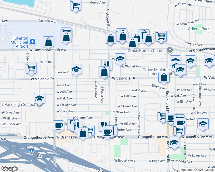 map of restaurants, bars, coffee shops, grocery stores, and more near 401 South Gilbert Street in Fullerton