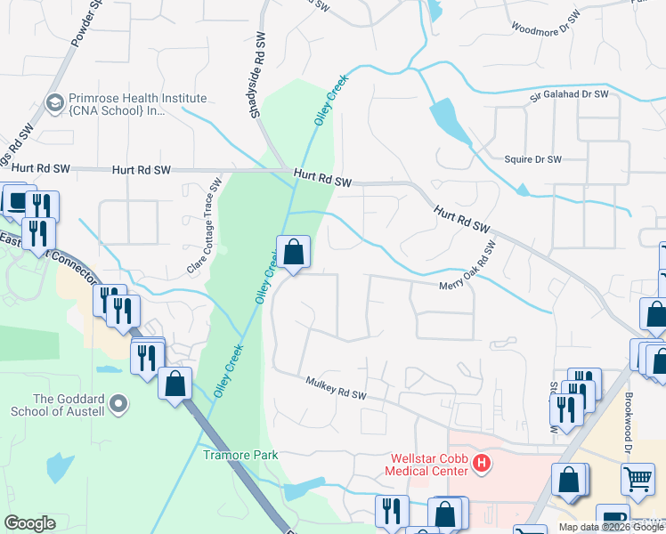 map of restaurants, bars, coffee shops, grocery stores, and more near 2091 Mulkey Rd SW in Marietta
