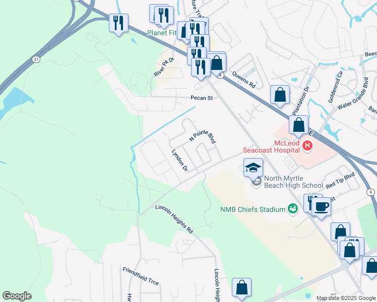 map of restaurants, bars, coffee shops, grocery stores, and more near 3385 Limestone Drive in Little River