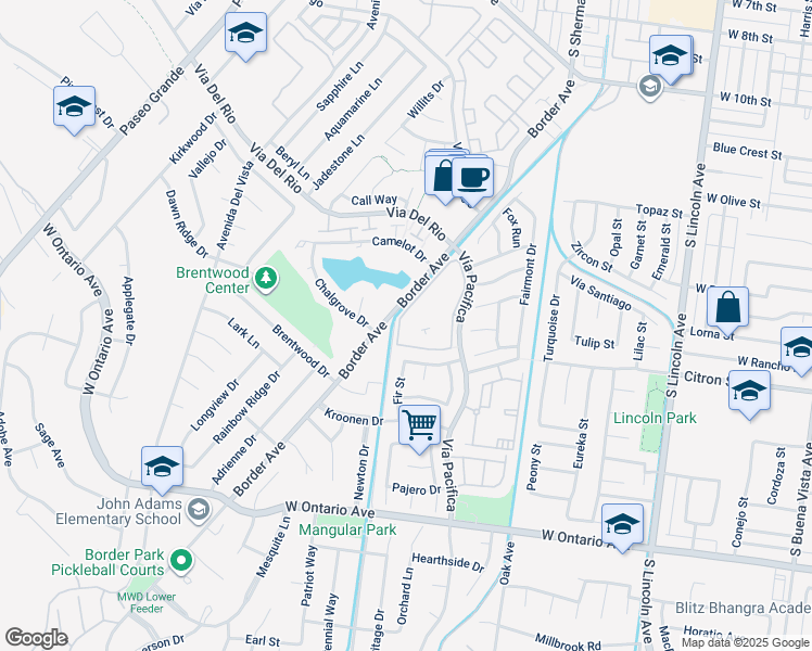map of restaurants, bars, coffee shops, grocery stores, and more near 1750 Vía Pacifica in Corona