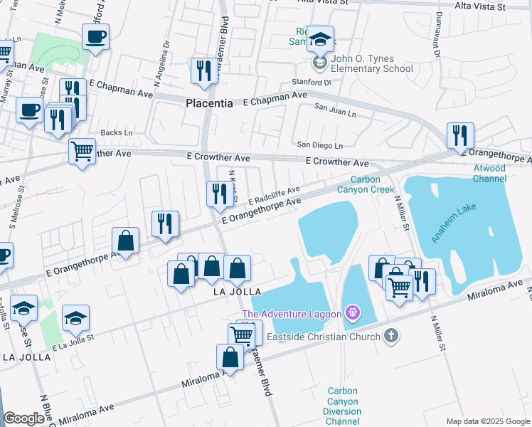map of restaurants, bars, coffee shops, grocery stores, and more near 3156 East Orangethorpe Avenue in Anaheim