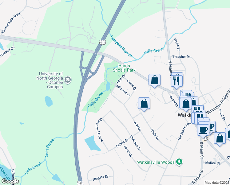 map of restaurants, bars, coffee shops, grocery stores, and more near 166 VFW Drive in Watkinsville