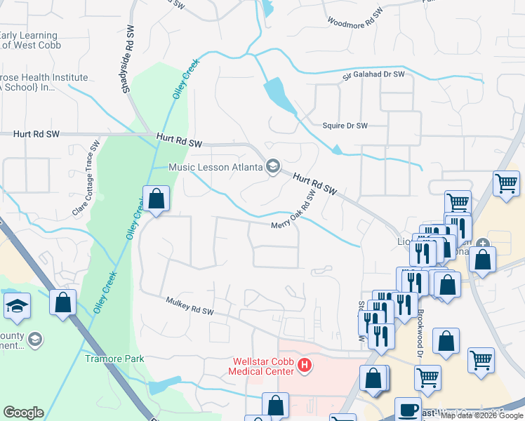 map of restaurants, bars, coffee shops, grocery stores, and more near 3563 Ashley Station Drive Southwest in Marietta