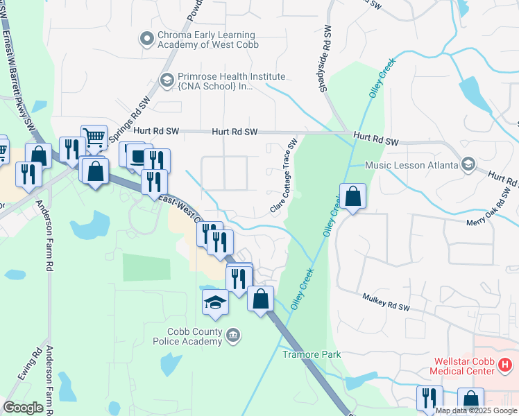 map of restaurants, bars, coffee shops, grocery stores, and more near 2344 Glencairn Lane Southwest in Marietta