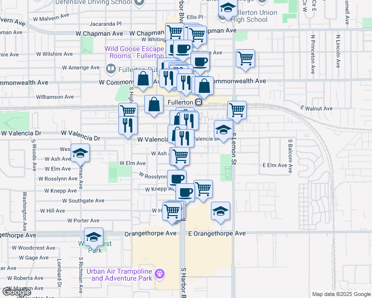 map of restaurants, bars, coffee shops, grocery stores, and more near 518 South Harbor Boulevard in Fullerton