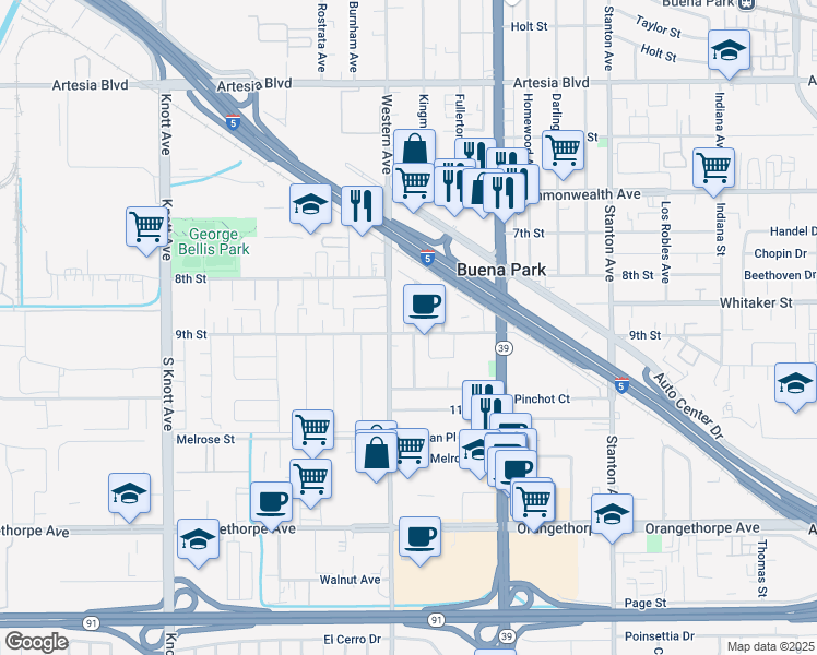 map of restaurants, bars, coffee shops, grocery stores, and more near 7541 9th Street in Buena Park