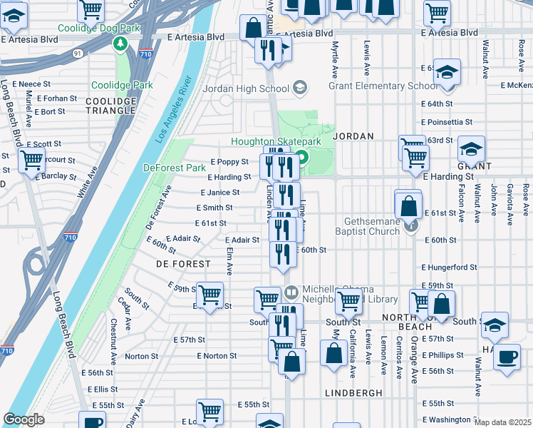 map of restaurants, bars, coffee shops, grocery stores, and more near 6113 Linden Avenue in Long Beach