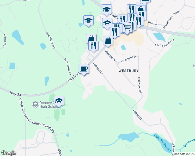 map of restaurants, bars, coffee shops, grocery stores, and more near 1070 Hillcrest Drive in Watkinsville
