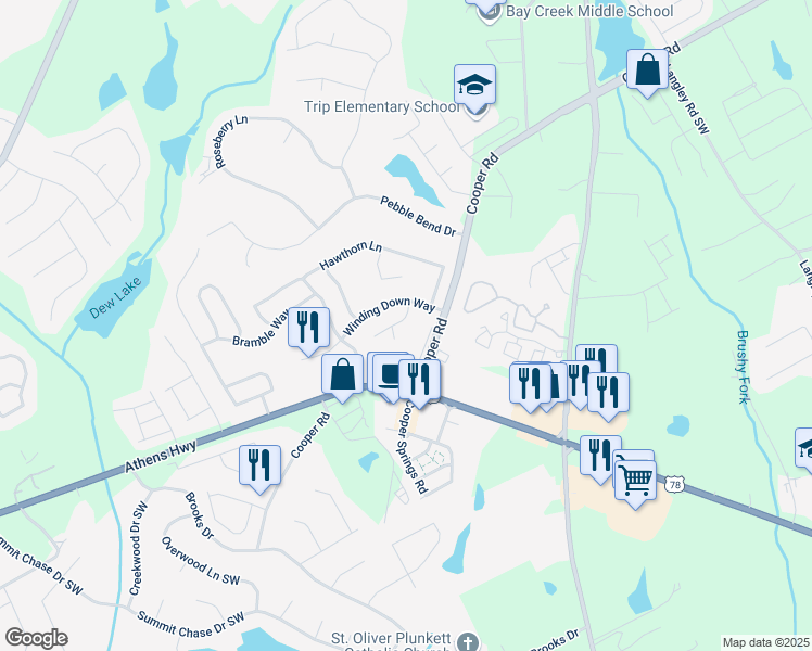 map of restaurants, bars, coffee shops, grocery stores, and more near 1144 Stony Point in Grayson