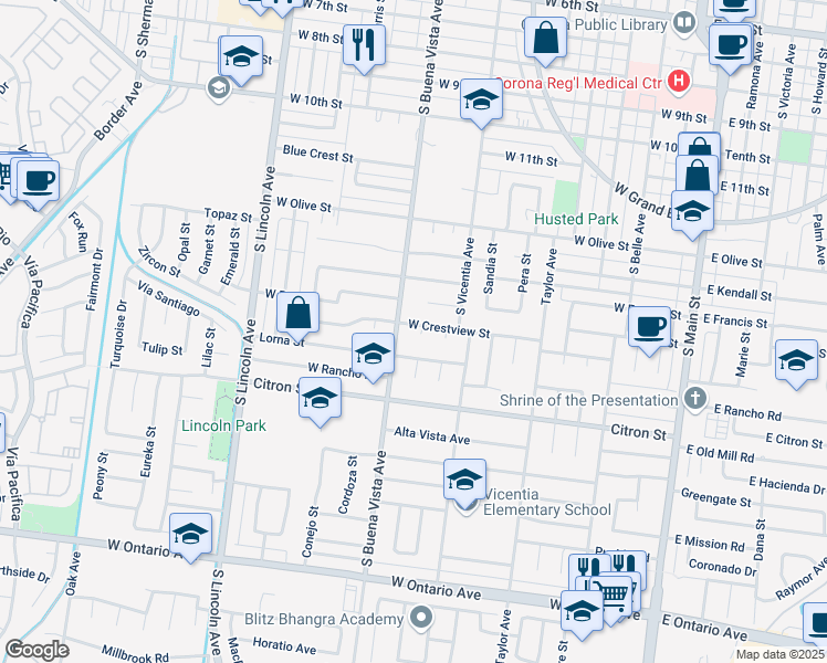 map of restaurants, bars, coffee shops, grocery stores, and more near 1644 Raleigh Circle in Corona