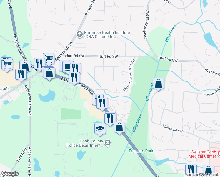 map of restaurants, bars, coffee shops, grocery stores, and more near 2360 Clare Court Southwest in Marietta