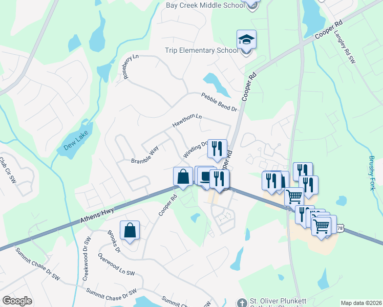 map of restaurants, bars, coffee shops, grocery stores, and more near 1058 Winding Down Way in Grayson