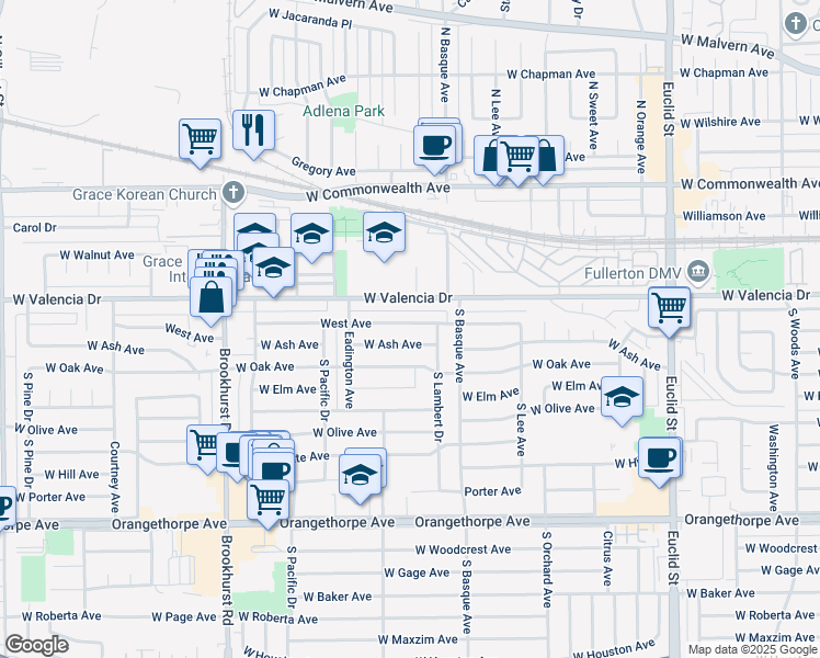 map of restaurants, bars, coffee shops, grocery stores, and more near 1454 West Avenue in Fullerton